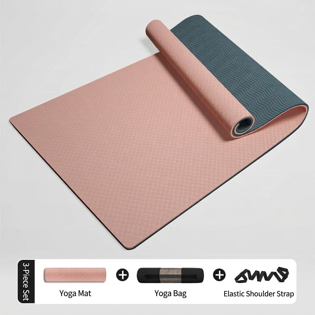 Extra Thick TPE Yoga Mat, Non-Slip Fitness Floor Mat for Home Gym, Dance - Dark Pink-Deep Blue-Net Bag