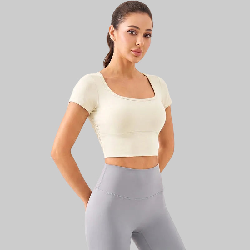 Women’s Summer Lightweight Yoga Top, Short Sleeve Mesh With Fixed Cups - DXD-5096 Cream White