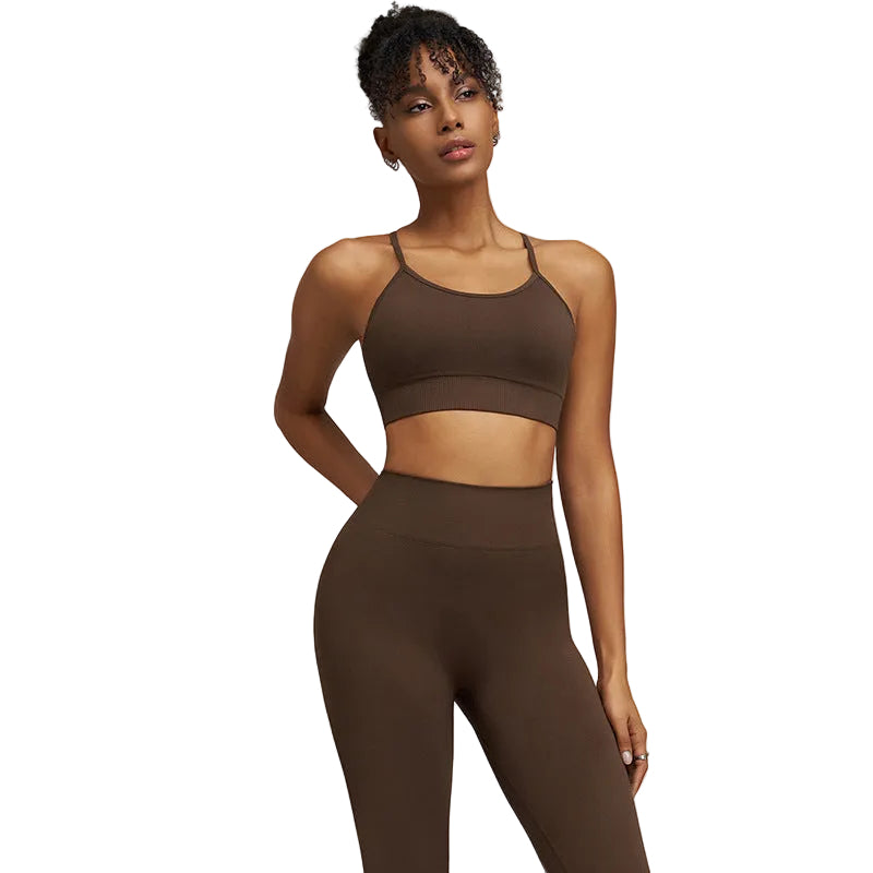 Women’s Crossover Back Sports Bra and High-Waist Leggings Workout Set - Hot Chocolate Brown
