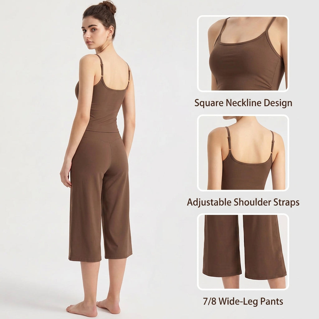 Women’s Brushed Yoga Set — Adjustable Straps Ruched Top & Wide-Leg Pants