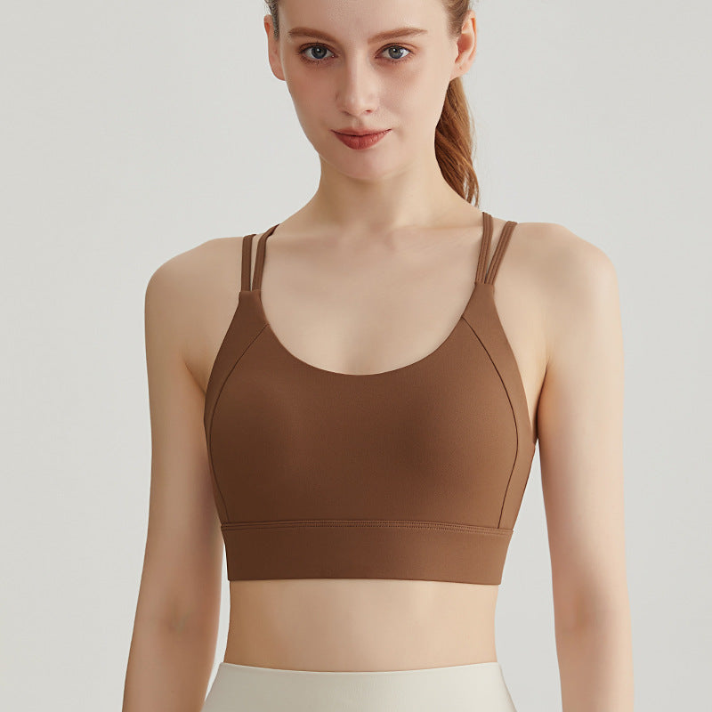 Weimann Thin Strap Sports Bra Tank — Padded Cross Back, No Bounce Support - WX-345 Brown