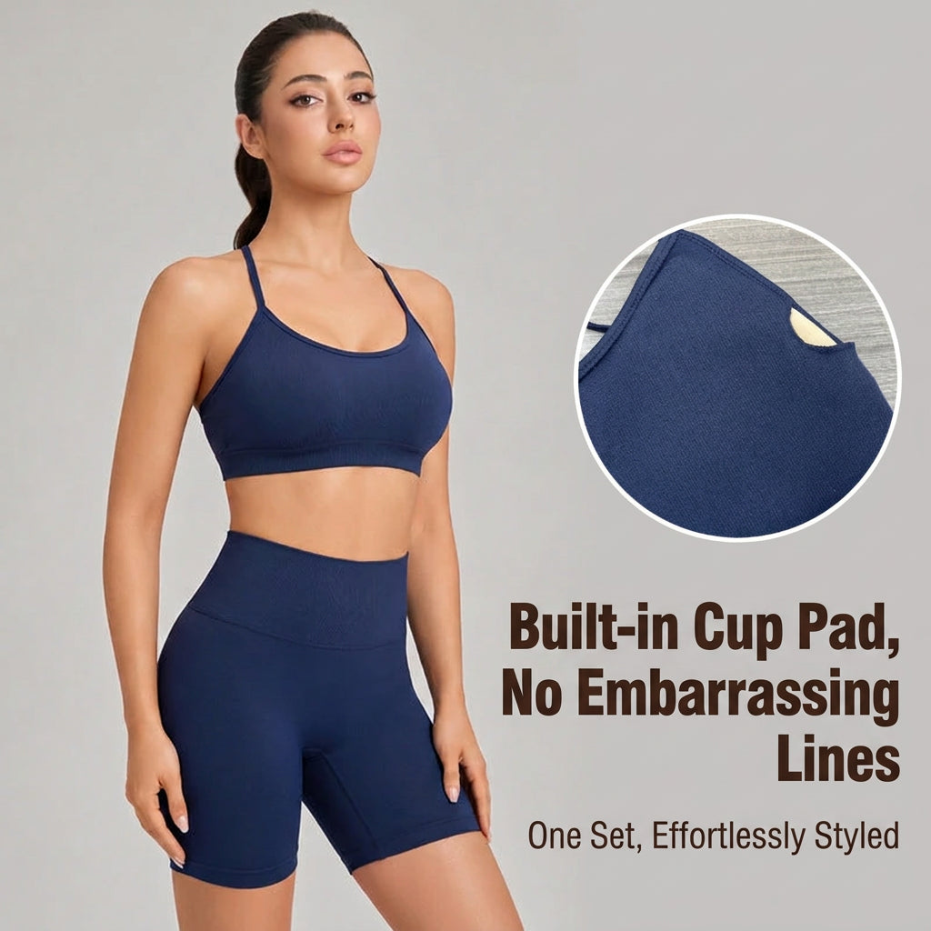 Women’s Crisscross Back Yoga Sports Bra Set — Padded, High-Waist Shorts