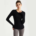 LAHN Women’s Long Sleeve Yoga Top — Crew Neck, Fitted, Thumb Loop - Fashion Black