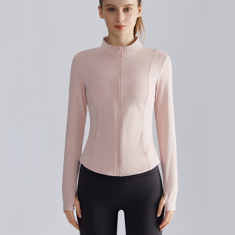 Women’s Zip-Up Fitness Jacket — Stand Collar, Quick-Dry Running Workout Top - Soft Mist Pink