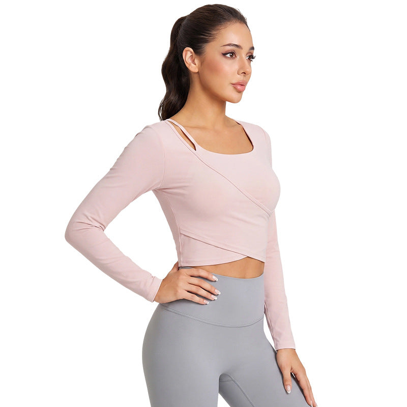 Women Hollow Off-Shoulder Long Sleeve Yoga Top With Built-In Pads