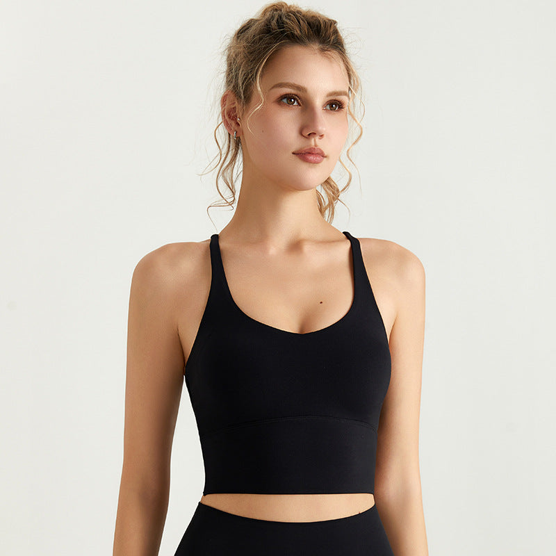 LAHN Women Cross Back Sports Tank Top, Built-in Bra Pad, Yoga Workout - Crystal Black