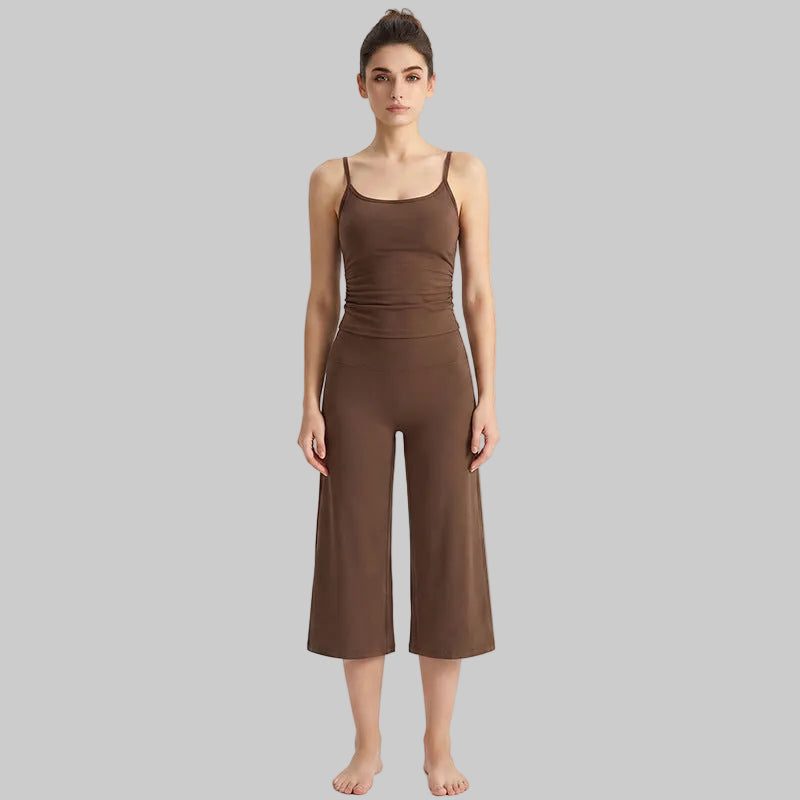 Women’s Brushed Yoga Set — Adjustable Straps Ruched Top & Wide-Leg Pants - Chocolate Brown