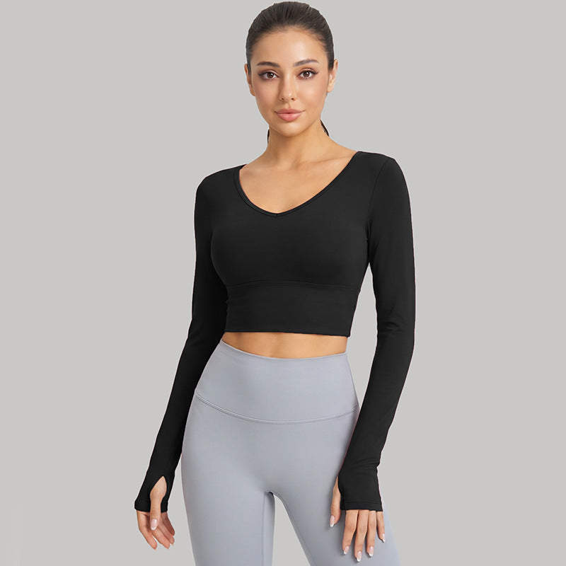 Women’s Backless Long Sleeve Yoga Shirt — Hollow Mesh, Antibacterial, Bra Pad - Stellar Black
