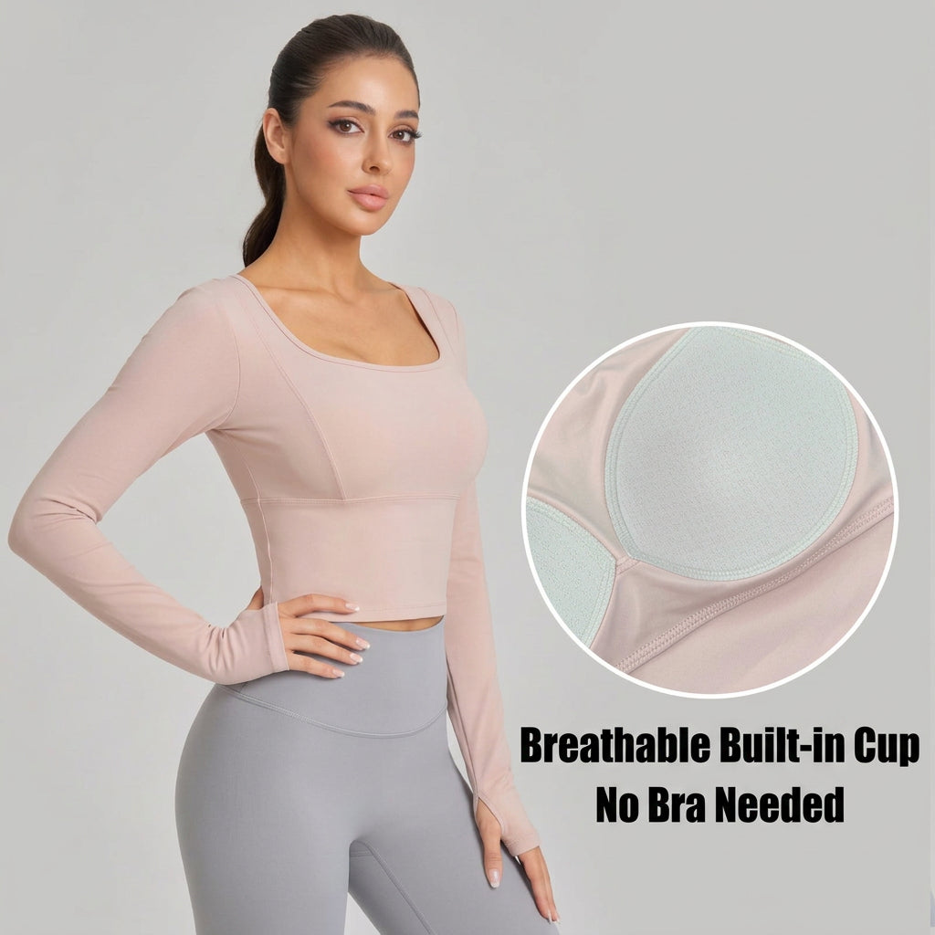 Weiman Interwoven Cross-Back Long Sleeve Yoga Top, Antimicrobial Bra Cups