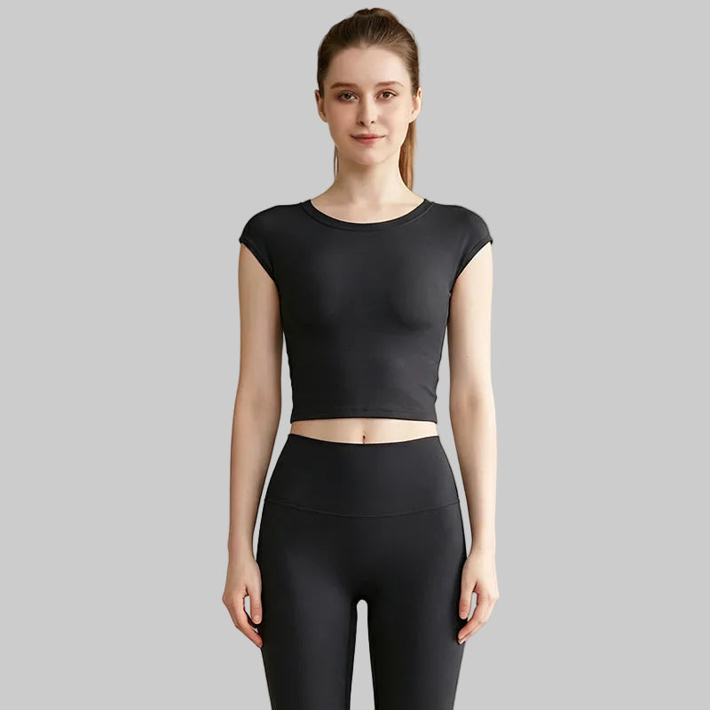 Women’s Spring Summer Running Workout Set — Sports Bra Tank, High-Waist Pants - Jewel Black