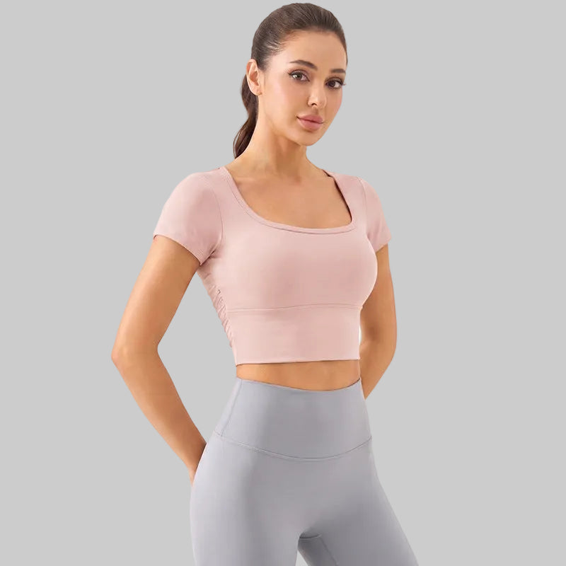 Women’s Summer Lightweight Yoga Top, Short Sleeve Mesh With Fixed Cups - DXD-5096 Blush Pink