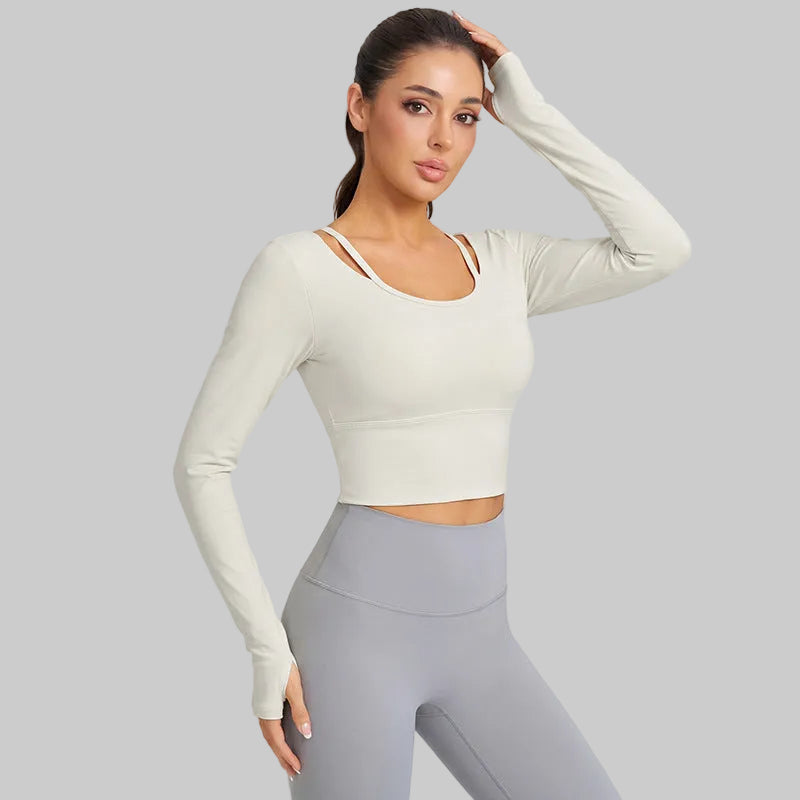 Weiman Bare Feel Antibacterial Yoga Long Sleeve Top, Faux 2-Piece, Bra Cups - White Albumin