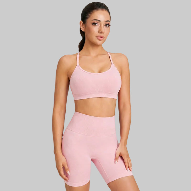 Women’s Crisscross Back Yoga Sports Bra Set — Padded, High-Waist Shorts
