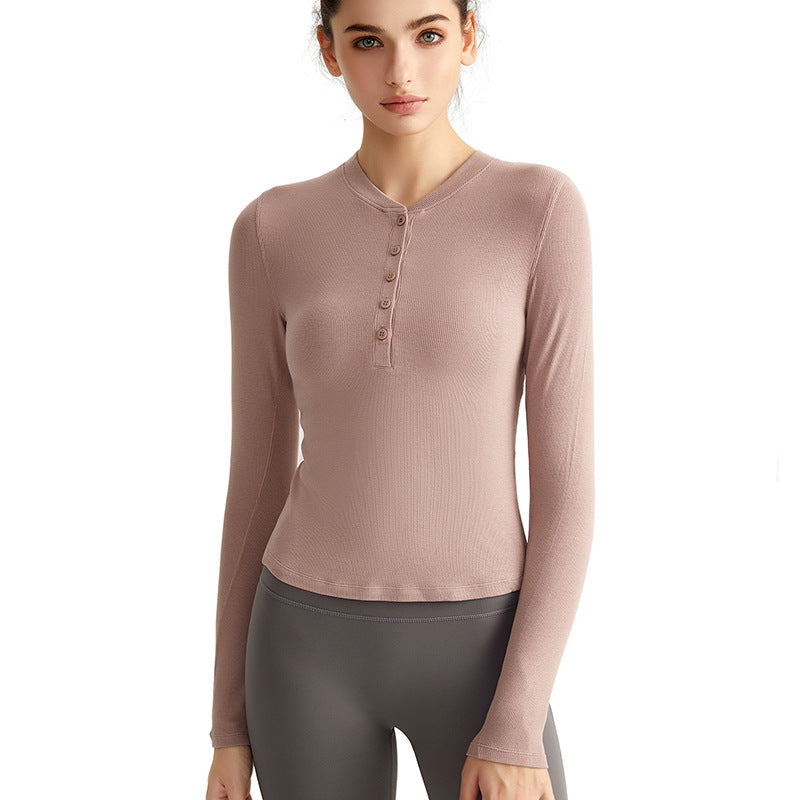 Wewman Early Fall Yoga Long Sleeve Henley T-Shirt, Slim Fit Workout Top