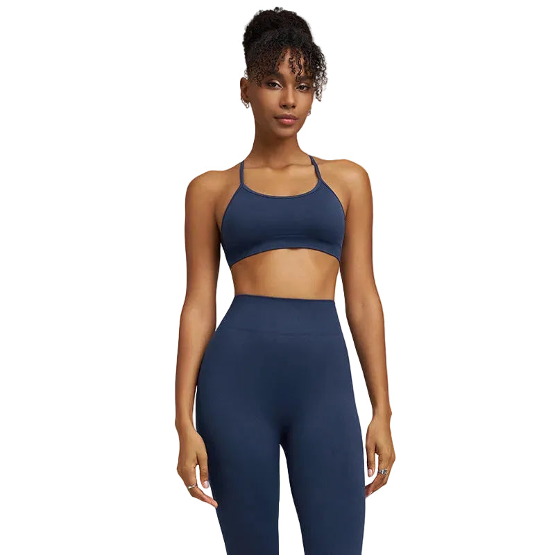 Women’s Crossover Back Sports Bra and High-Waist Leggings Workout Set - Navy Blue