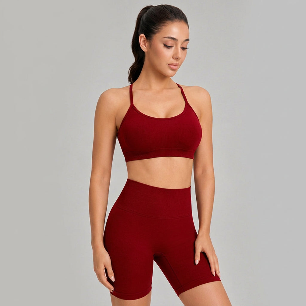 Women’s Crisscross Back Yoga Sports Bra Set — Padded, High-Waist Shorts - Rum Red