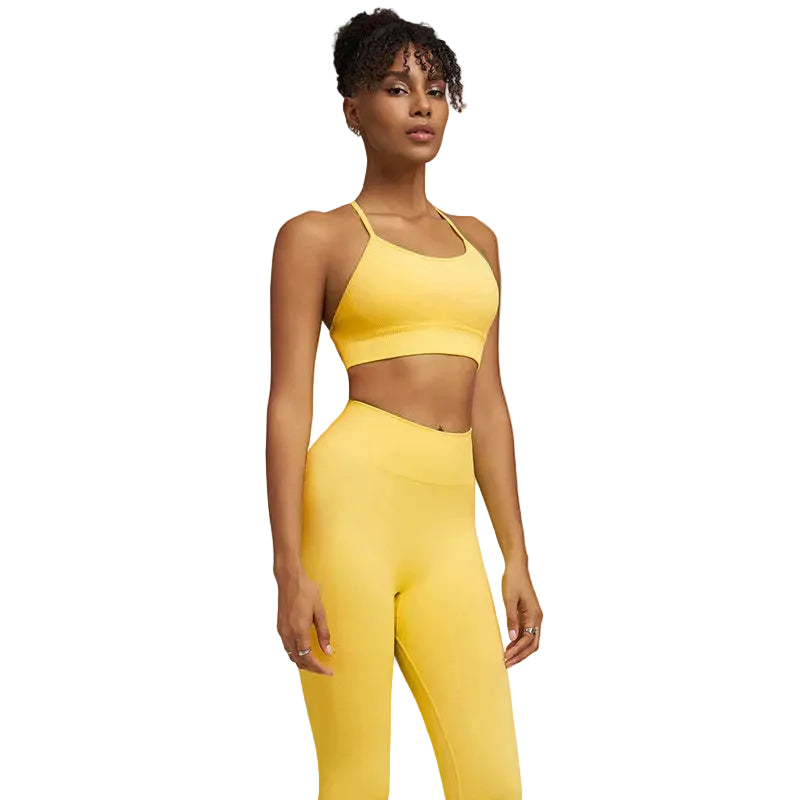 Women’s Crossover Back Sports Bra and High-Waist Leggings Workout Set - Egg Yolk