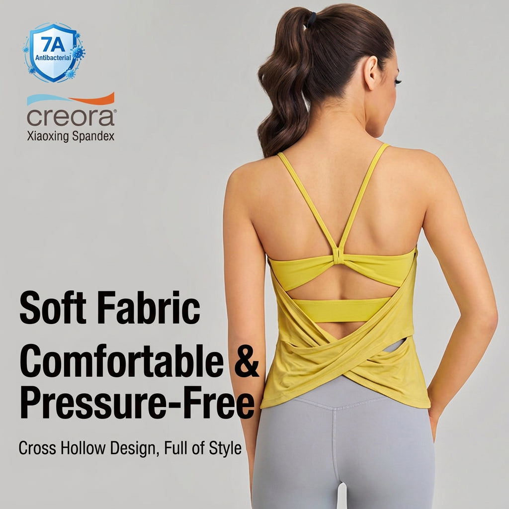 Women’s Hollow Back Yoga Tank — Crossover Sports Bra Layered Look