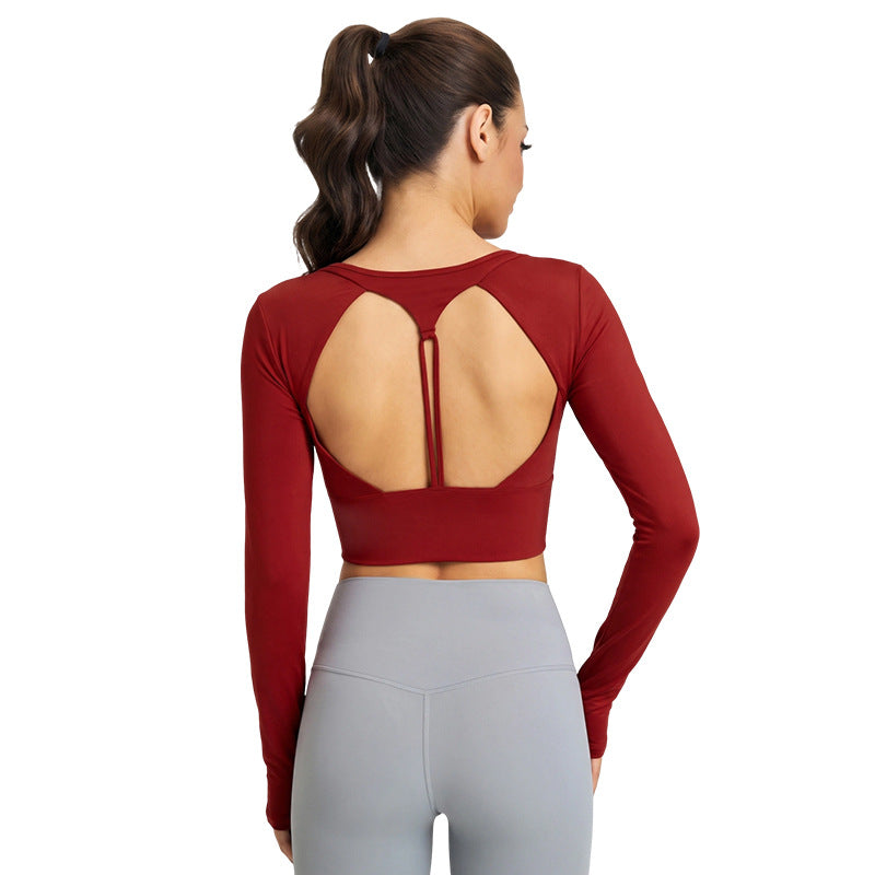 Women’s Backless Long Sleeve Yoga Shirt — Hollow Mesh, Antibacterial, Bra Pad