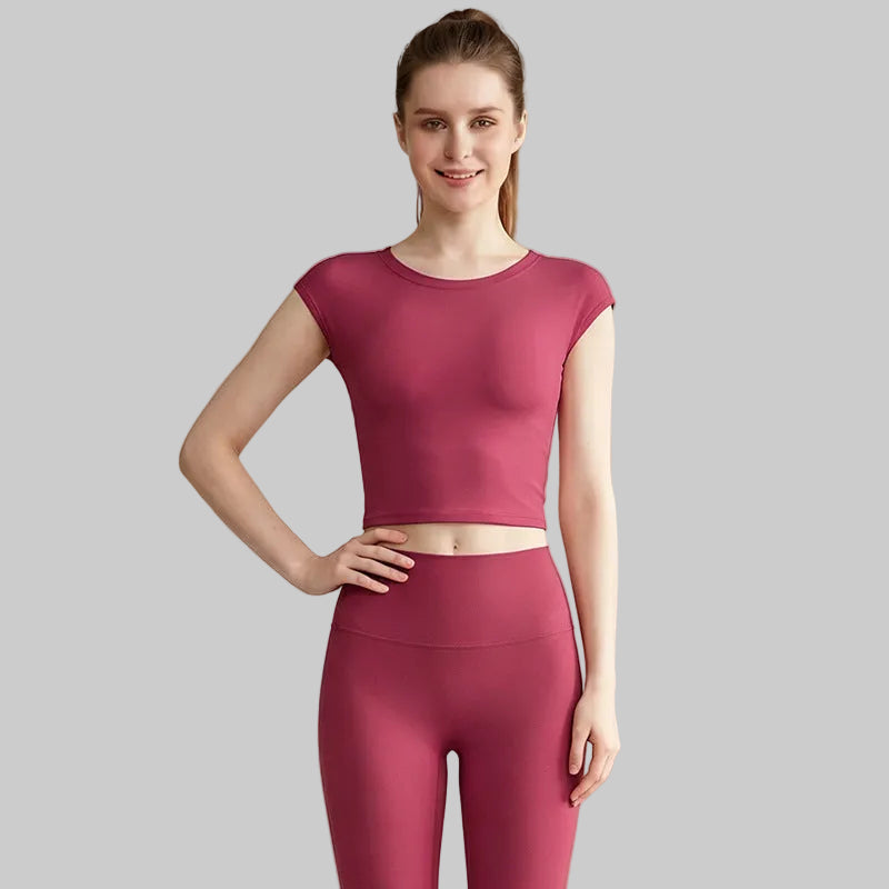Women’s Spring Summer Running Workout Set — Sports Bra Tank, High-Waist Pants - Raspberry Red