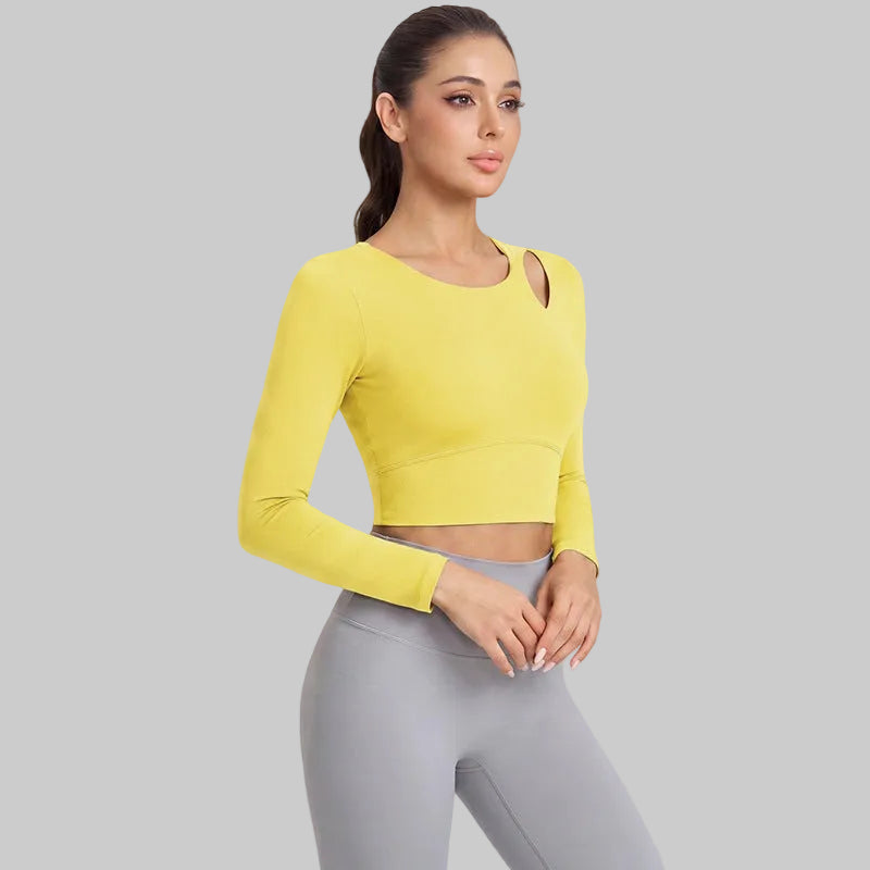 Wymen Antibacterial Long Sleeve Pilates Yoga Top — Built-In Bra Support - CXD-5179 Bright Yellow