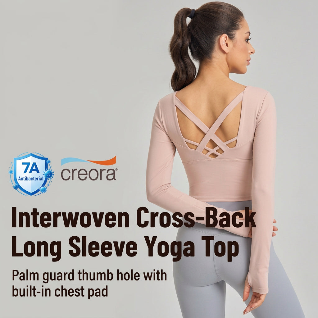 Weiman Interwoven Cross-Back Long Sleeve Yoga Top, Antimicrobial Bra Cups