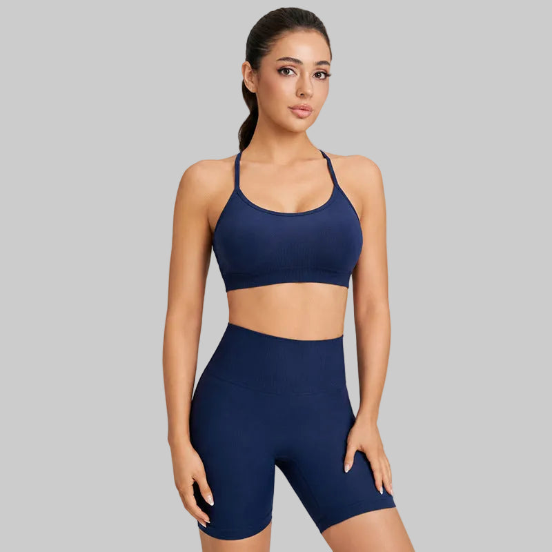 Women’s Crisscross Back Yoga Sports Bra Set — Padded, High-Waist Shorts