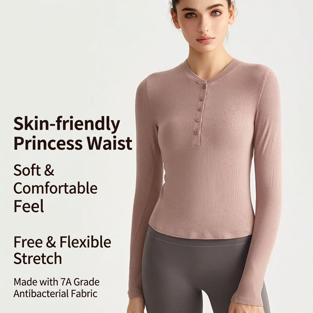 Wewman Early Fall Yoga Long Sleeve Henley T-Shirt, Slim Fit Workout Top