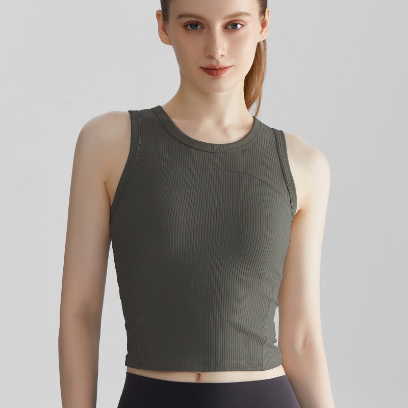 Women’s Ribbed Sports Tank Top — Fixed Support Padded Yoga Vest - Titanium Gray
