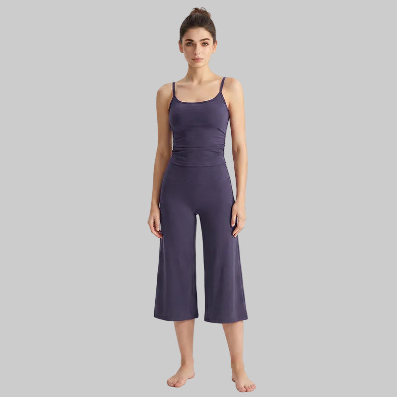 Women’s Brushed Yoga Set — Adjustable Straps Ruched Top & Wide-Leg Pants - Cloud Purple