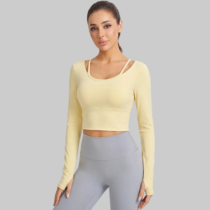 Weiman Bare Feel Antibacterial Yoga Long Sleeve Top, Faux 2-Piece, Bra Cups - Goose Yellow