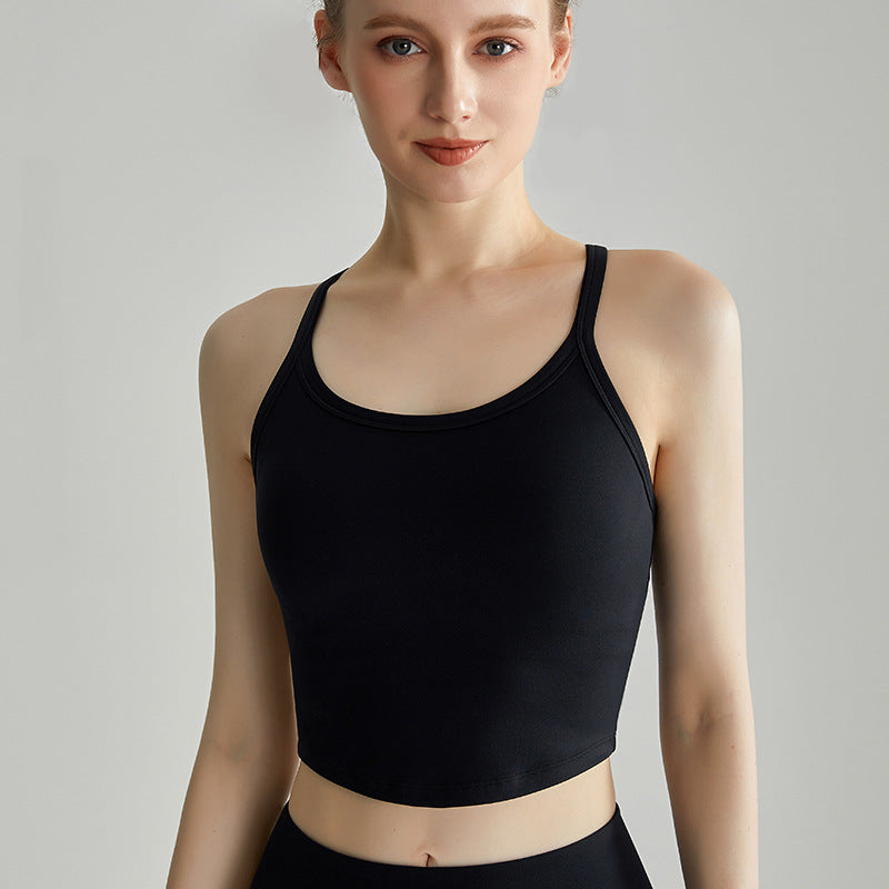 Weyman High-Impact Yoga Tank Bra, Fixed Pads, Racerback Spaghetti Strap - Fashion Black