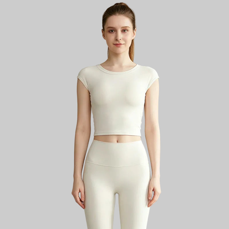 Women’s Spring Summer Running Workout Set — Sports Bra Tank, High-Waist Pants - Ivory White
