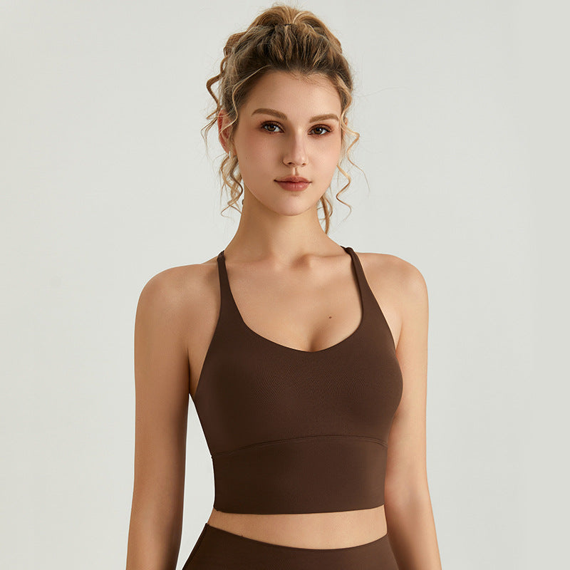 LAHN Women Cross Back Sports Tank Top, Built-in Bra Pad, Yoga Workout - Dark Brown
