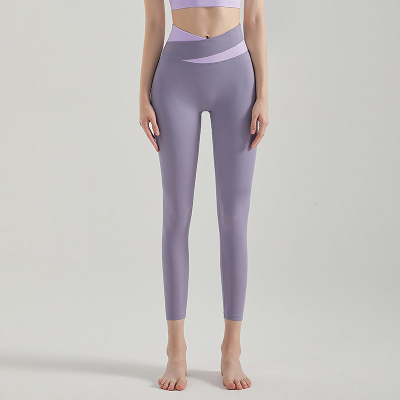 Women High-Waist Cross-Color Yoga Pants — Butt-Lift Leggings for Running - CK-254 Pink Purple