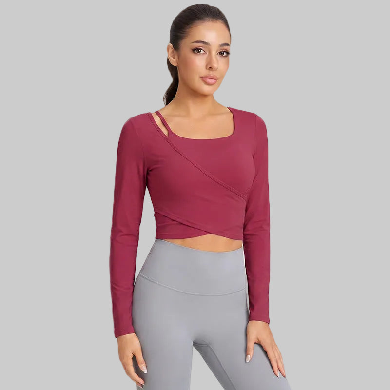 Women Hollow Off-Shoulder Long Sleeve Yoga Top With Built-In Pads - Mars Red