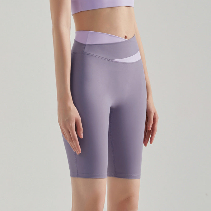 Women’s Colorblock Yoga Shorts, High Waist Cross Waist, Tummy Control 5-Inch