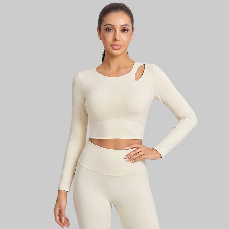 Wymen Antibacterial Long Sleeve Pilates Yoga Top — Built-In Bra Support - CXD-5179 Albumin