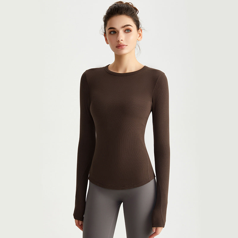 LAHN Women’s Long Sleeve Yoga Top — Crew Neck, Fitted, Thumb Loop - Espresso