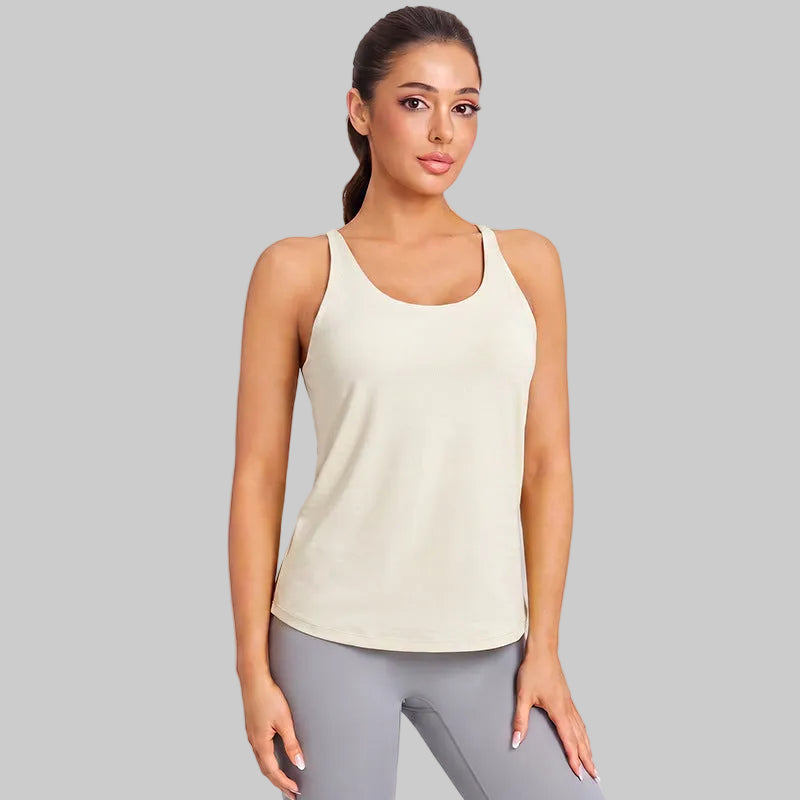 Women’s Hollow Back Yoga Tank — Crossover Sports Bra Layered Look - BXD-5075 Ivory