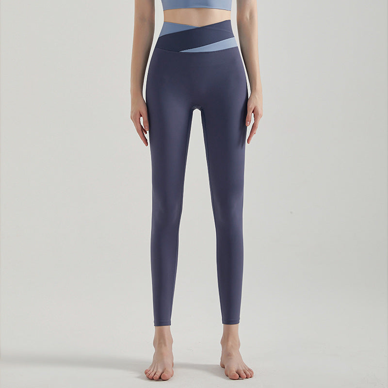 Women High-Waist Cross-Color Yoga Pants — Butt-Lift Leggings for Running - CK-254 Blue