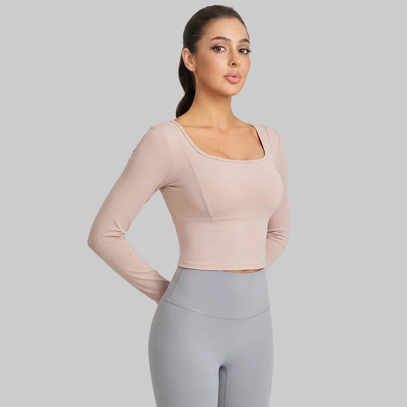 Weiman Interwoven Cross-Back Long Sleeve Yoga Top, Antimicrobial Bra Cups - CX-5128 Blush Pink
