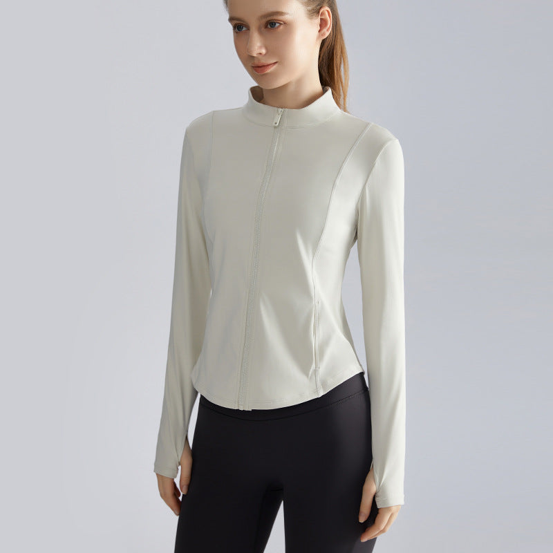 Women’s Zip-Up Fitness Jacket — Stand Collar, Quick-Dry Running Workout Top - Ivory White