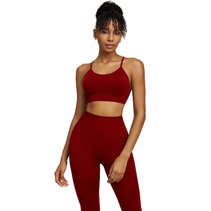 Women’s Crossover Back Sports Bra and High-Waist Leggings Workout Set - Rum Red