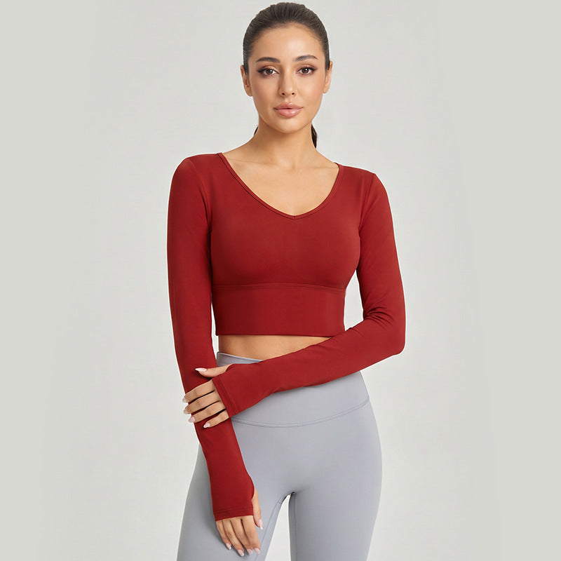 Women’s Backless Long Sleeve Yoga Shirt — Hollow Mesh, Antibacterial, Bra Pad - Babylon Red