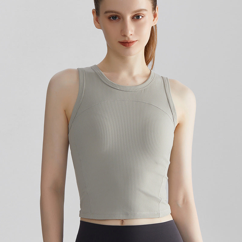 Women’s Ribbed Sports Tank Top — Fixed Support Padded Yoga Vest - Light Linen