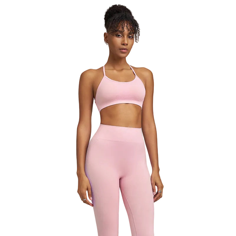 Women’s Crossover Back Sports Bra and High-Waist Leggings Workout Set - Sakura Pink