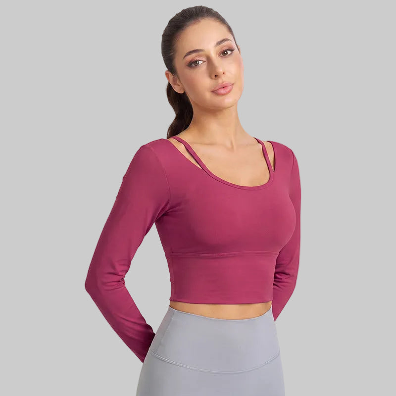 Weiman Bare Feel Antibacterial Yoga Long Sleeve Top, Faux 2-Piece, Bra Cups - Mars Red