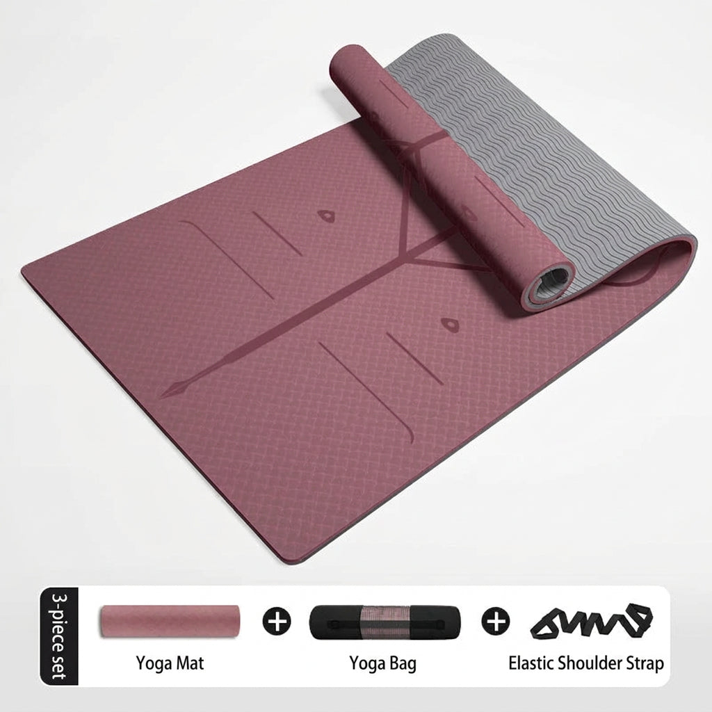 Extra Thick TPE Yoga Mat, Non-Slip Fitness Floor Mat for Home Gym, Dance - Blush Red-Light Gray-Position Line-Net Bag