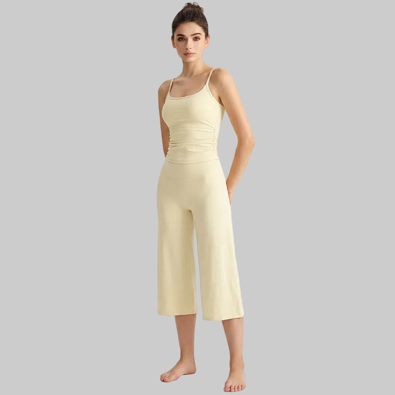 Women’s Brushed Yoga Set — Adjustable Straps Ruched Top & Wide-Leg Pants - Cream Yellow
